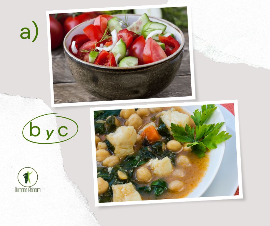 Ensalada de pepino y tomate con potaje de vigilia con bacalao.